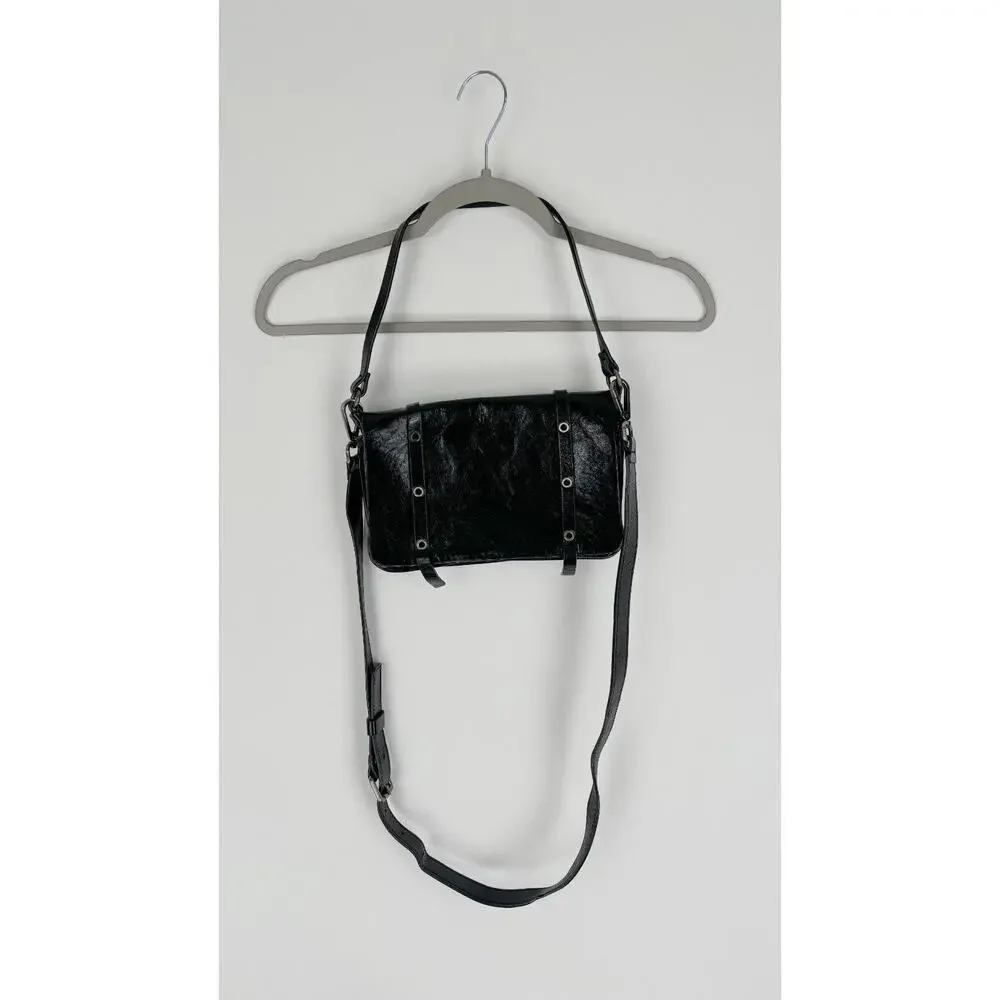 Lia Numa Womens Black Handbag Crossbody Strap Genuine Leather Grommet Purse